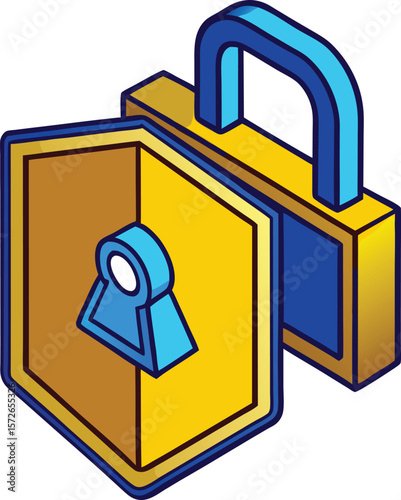 Golden shield blue lock keyhole security protection vector