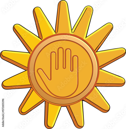 Golden sun emblem with open hand symbol palm