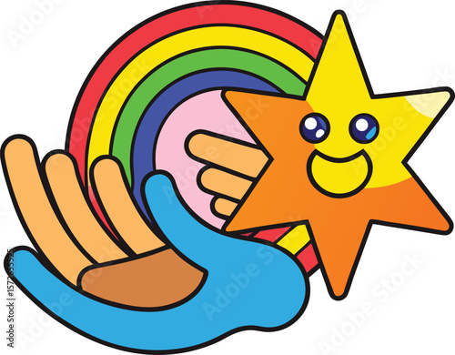 Happy star held by colorful hands with rainbow cartoon holding