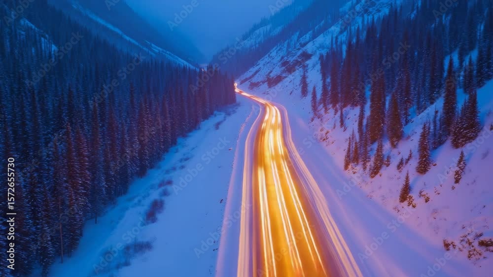 Long straight road winding through a wintery landscape, with trees and mountains in the background. Travelers' headlights streaking along the highway under a cloudy sky.