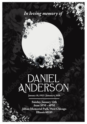 Elegant Black and White Funeral Invitation Template with Floral Design