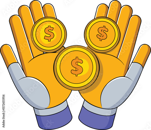 Open hands holding golden coins with dollar signs vector