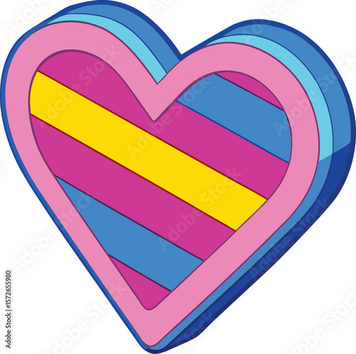 Layered heart shape with diagonal stripes pink blue yellow vector