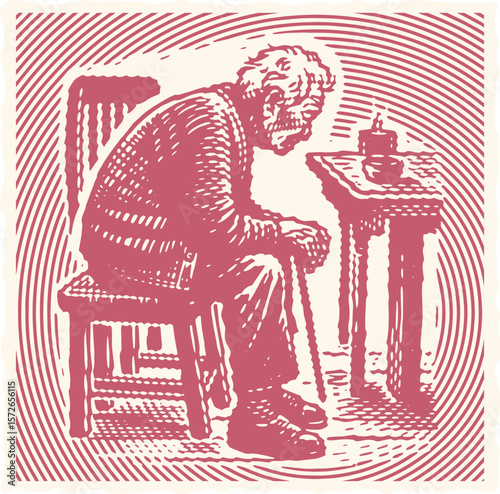  Red Elderly Person Sitting Alone Vector Illustration — Heavy Lined Effect Vibrant Color Postal Stamp Design with Bold Outlines and Emotional Solitude Theme for Conceptual Artwork