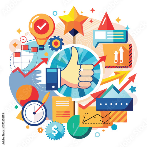 Success concept with thumbs up lightbulb graphs and clock silhouette