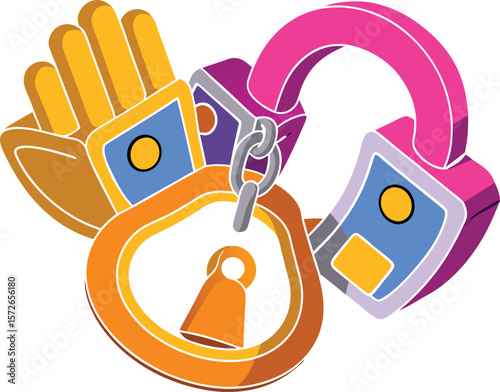 Orange purple handcuffs yellow blue accents chain lock