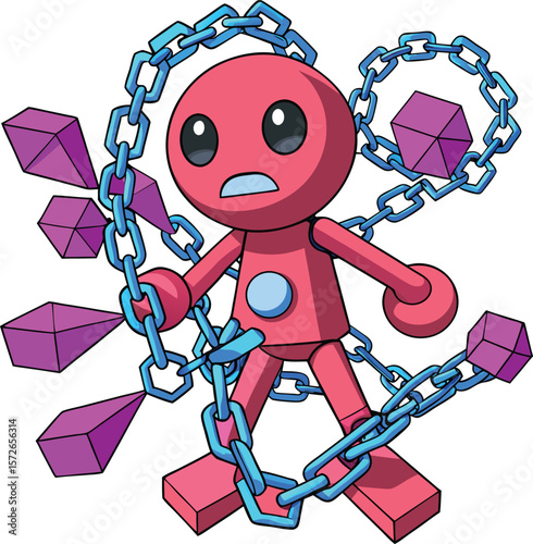 Pink character trapped by blue chains and purple geometric shapes vector
