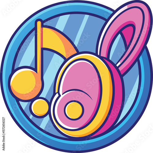 Pink bunny ears and musical notes in a blue circle melody vector