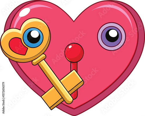 Pink heart with golden key and eye lock vector
