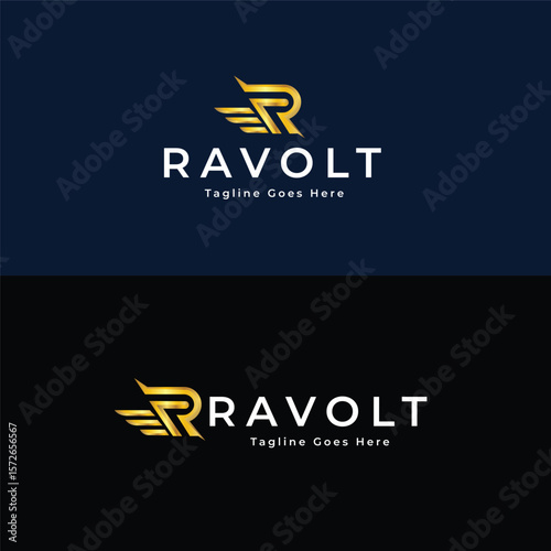 Elegant R logo Concept: A sophisticated R logo, featuring golden wings, elegantly placed on both a dark navy and black background, creating a versatile and eye-catching visual