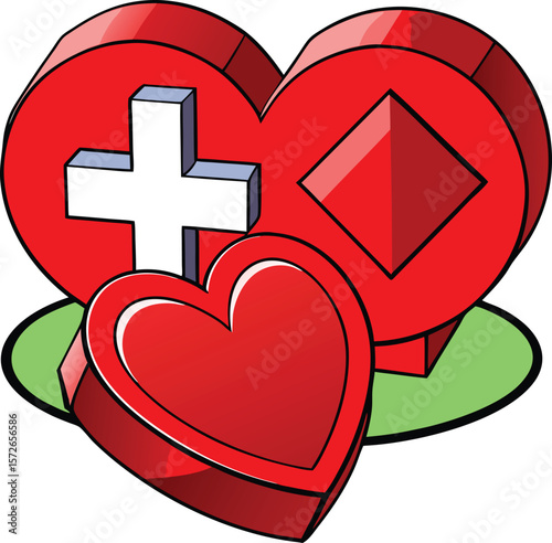 Red hearts geometric shapes medical symbol green background white