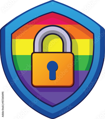 Shield with rainbow stripes and golden padlock security