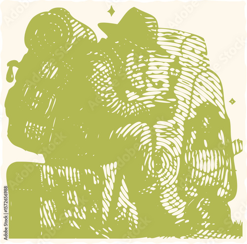  Vibrant Green Traveler Lantern Illustration – Heavy Lined Effect Vector Art in Postal Stamp Style Featuring Adventurer Holding Lantern in Foggy Landscape – Bold Retro Graphic Design
