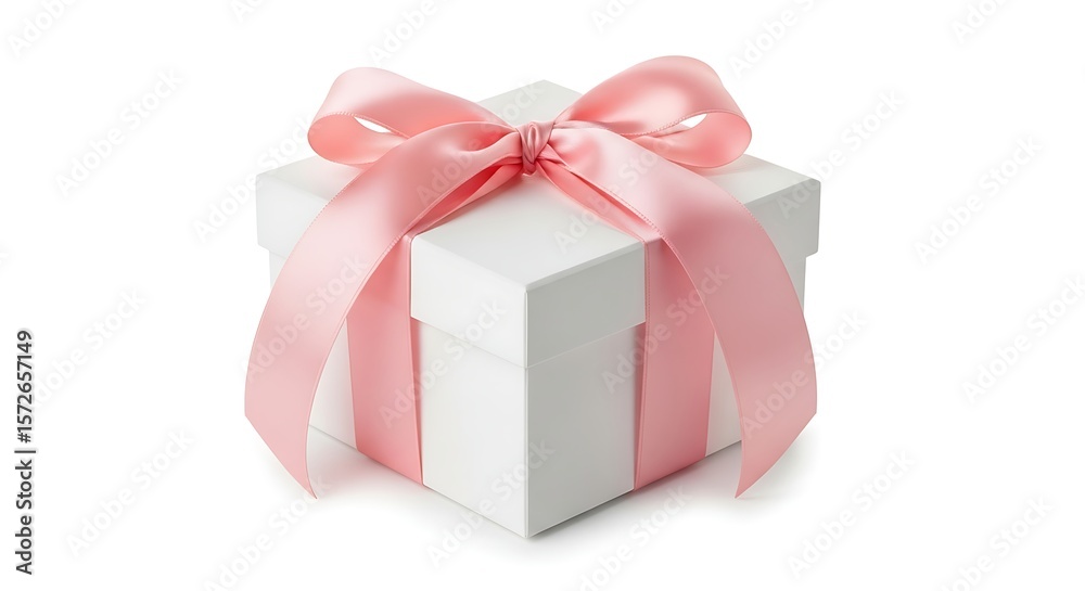 Obraz premium White gift box with pink ribbon on white background