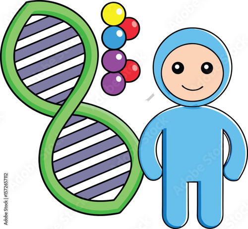 Stylized dna strand with colorful molecules and cartoon person helix