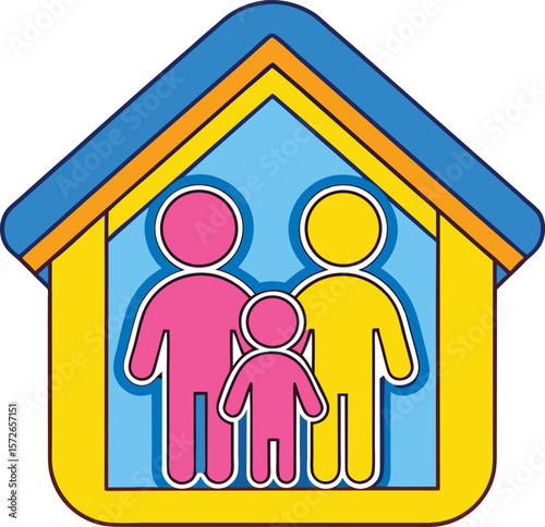 Stylized family figures inside colorful house parents