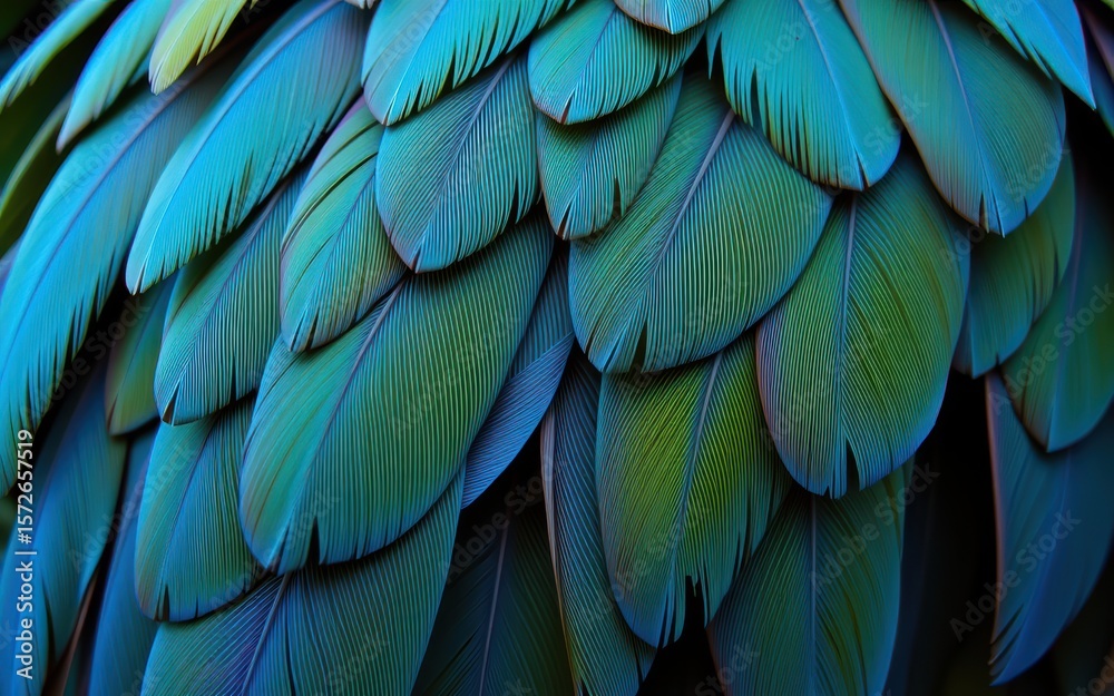 Fototapeta premium Colorful bird feathers in vibrant blue and green hues.