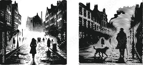  Heavy Lined Black Vector Illustration Bundle of a Person Walking Through a Foggy Street with Dramatic Shadows and Urban Mist Effect – Silhouette Scene for Editorial and Conceptual Use