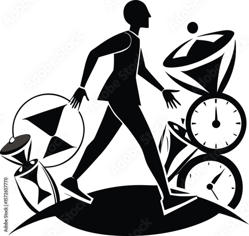 Abstract Silhouette Walking on Time Pieces Black Art