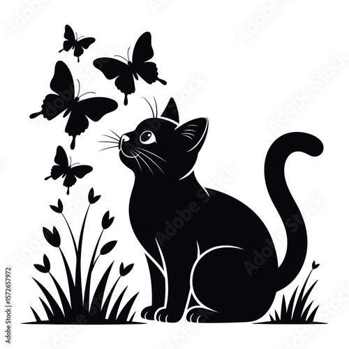 Cute cat sitting in a field, gazing at a group of butterflies
