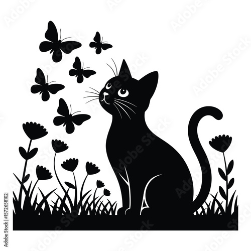 Cute cat sitting in a field, gazing at a group of butterflies
