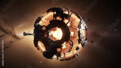 Spaceship approaching a massive science fiction Dyson sphere mega-structure in deep space.