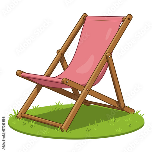 modern pink lawn chair on green grass - minimalist vector illustration isolated, summer, vacation, and travel theme

