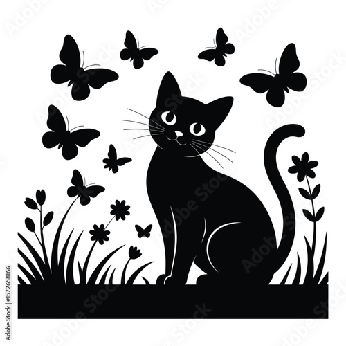 Cute cat sitting in a field, gazing at a group of butterflies