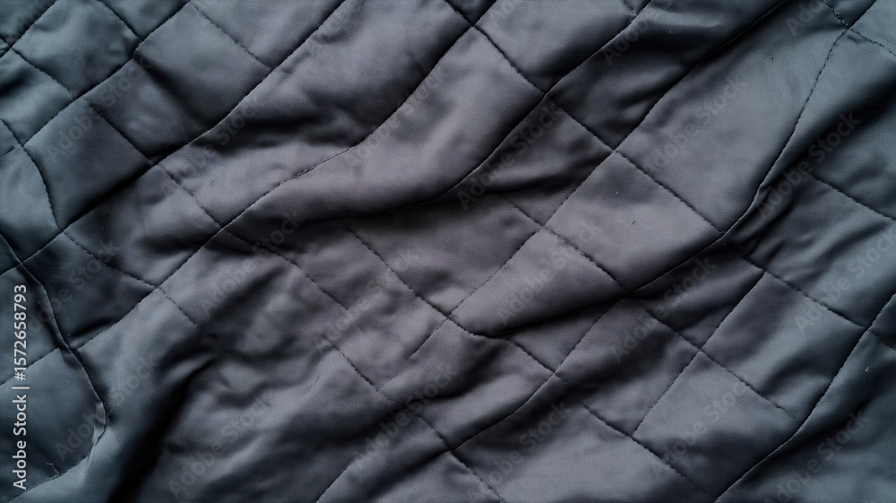 Fototapeta premium Close up of quilted dark gray fabric with a diamond pattern, creating elegant waves and folds, ideal for backgrounds and textures