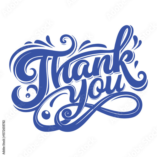 Thank you lettering design showcases elegant typography with decorative swirls and flourishes in blue ink.