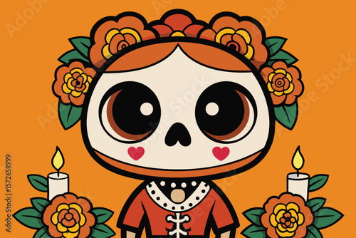 Day of the Dead Catrina Illustration with Marigolds and Candles