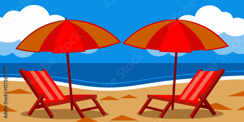 Here are a few options for your image description, keeping it concise and using your provided words:

Beach chairs and umbrella on a tropical sandy beach by the ocean under a sunny sky, inviting relax