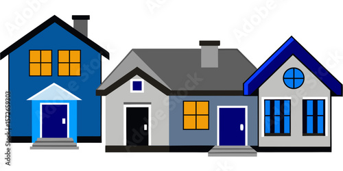 Blue house icon: A small, residential building model with a roof and window, symbolizing property and real estate for sale