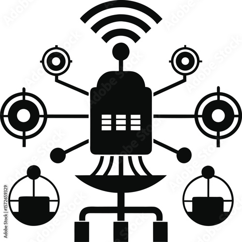 AI Communication Hub with Rotating Signals Vector Illustration