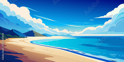 Sun-drenched tropical island paradise with blue sky and clear ocean waves washing over the white sand beach, perfect for a summer vacation