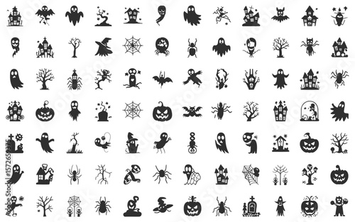“Complete Halloween Vector Silhouettes Set: Bats, Cats, Moon, Trees and Creepy Elements”


