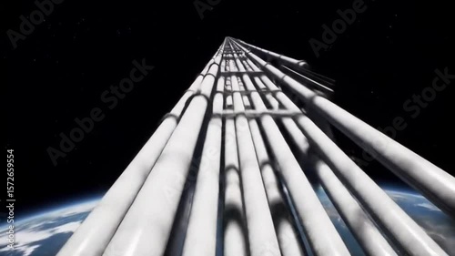 Surreal ladder (space elevator) ascending from Earth's atmosphere into outer space.