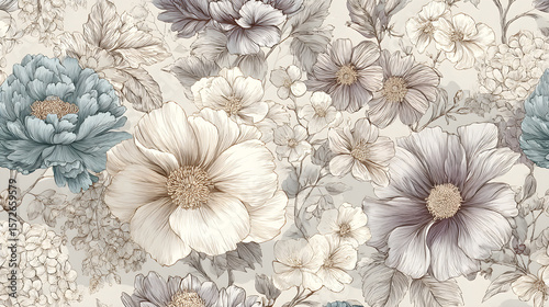Ethereal Vintage Floral Engravings with Pastel Overlays in Antique Botanical Style