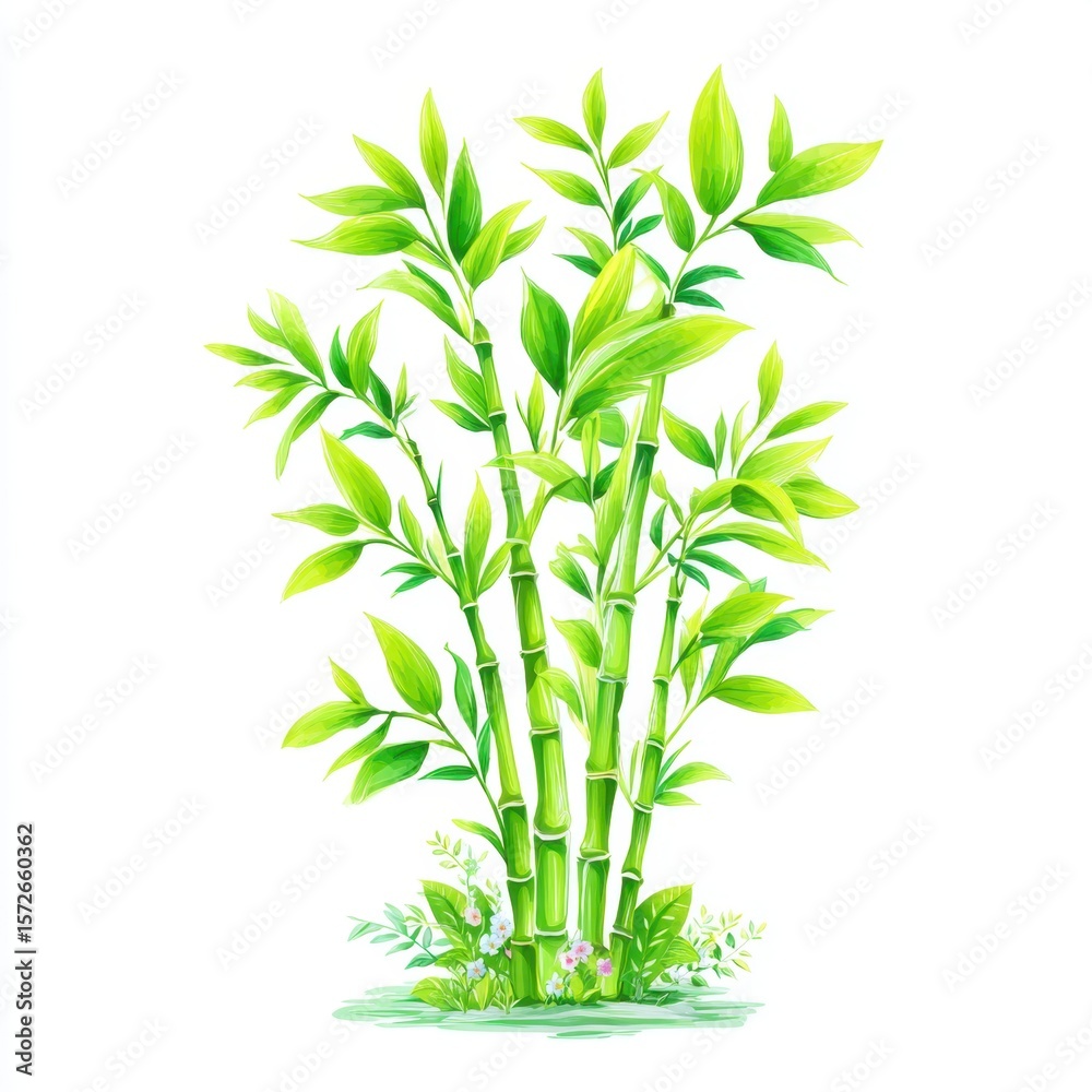 Fototapeta premium Watercolor Bamboo Stalks with Green Leaves and Small Flowers on White Background