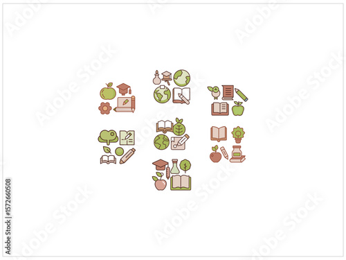 Cute, Flat Educational Icons for Back to School or Education Concept , A collection of stylized, flat icons depicting various educational elements such as books, plants, graduation caps, apples .