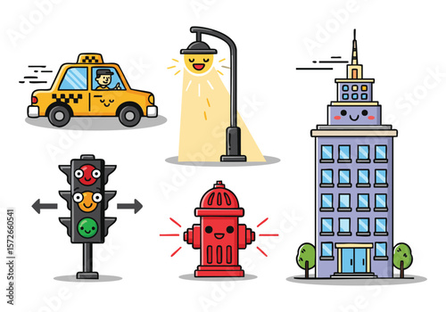 Cartoon Cityscape Illustrations: Taxi, Traffic Light, Fire Hydrant, Skyscraper, Street Lamp - Urban Scene Graphics
