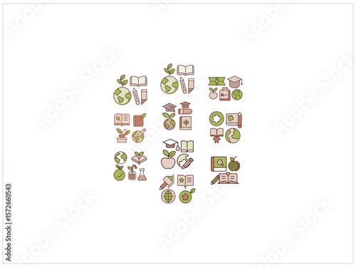 Cute, Flat Educational Icons for Back to School or Education Concept , A collection of stylized, flat icons depicting various educational elements such as books, plants, graduation caps, apples .