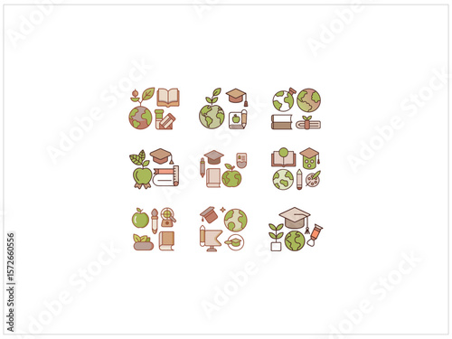 Cute, Flat Educational Icons for Back to School or Education Concept , A collection of stylized, flat icons depicting various educational elements such as books, plants, graduation caps, apples .