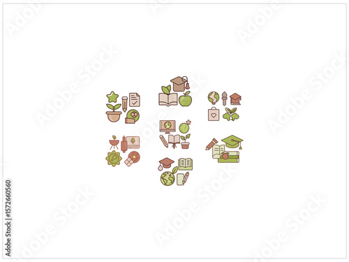 Cute, Flat Educational Icons for Back to School or Education Concept , A collection of stylized, flat icons depicting various educational elements such as books, plants, graduation caps, apples .