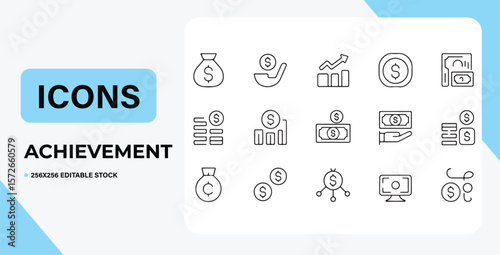 Achievement Icons  A Collection of 20 Line Icons Representing Financial Success, Growth, and Wealth