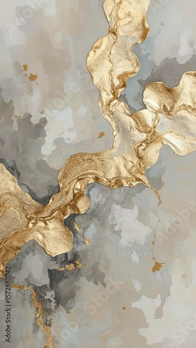 Golden foil on a grungy marble stone surface. Antique retro luxury background design. Vertical 9:16 stories wallpaper.