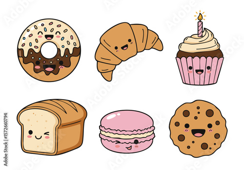 Cute Cartoon Bakery Treats: Donuts, Croissants, Cupcakes, Bread, Macarons & Cookies