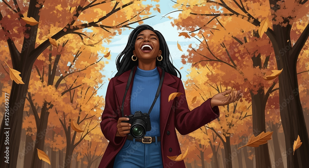 Obraz premium Autumn Joy: A woman in a burgundy coat and blue sweater joyfully celebrates the beauty of autumn, surrounded by falling golden leaves.
