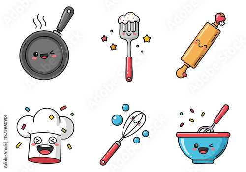 Cute Kitchen Utensil Icons: Cartoon Frying Pan, Spatula, Rolling Pin, Whisk, Bowl Illustrations for Cooking Blogs & Recipes