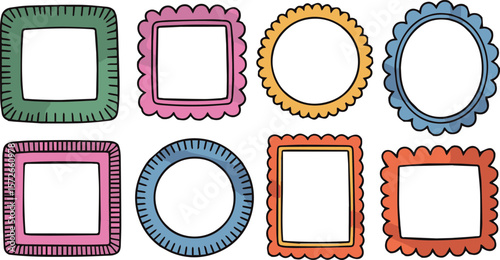 Collection of eight colorful and decorative hand drawn frames and borders in various shapes and sizes including squares and circles with scalloped edges and unique textured designs
